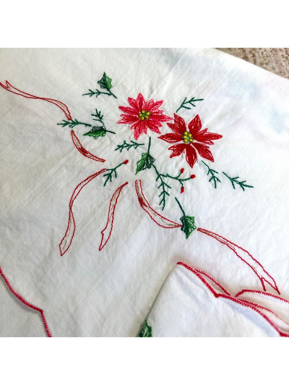 Vintage Embroidered Holly Christmas Cotton Table Runner